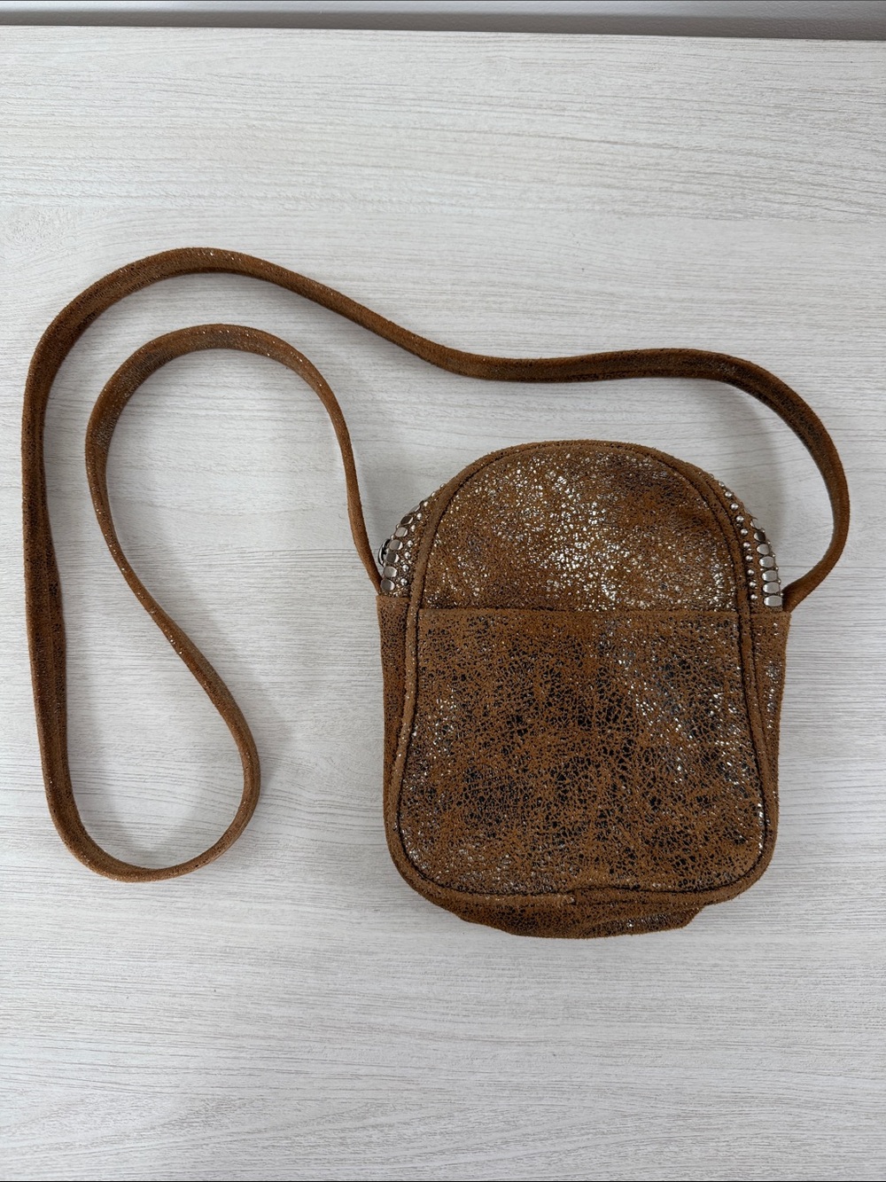 Calleen Cordero Dark Tan Metallic Sueded Crossbody Bag with Stud Detail EUC